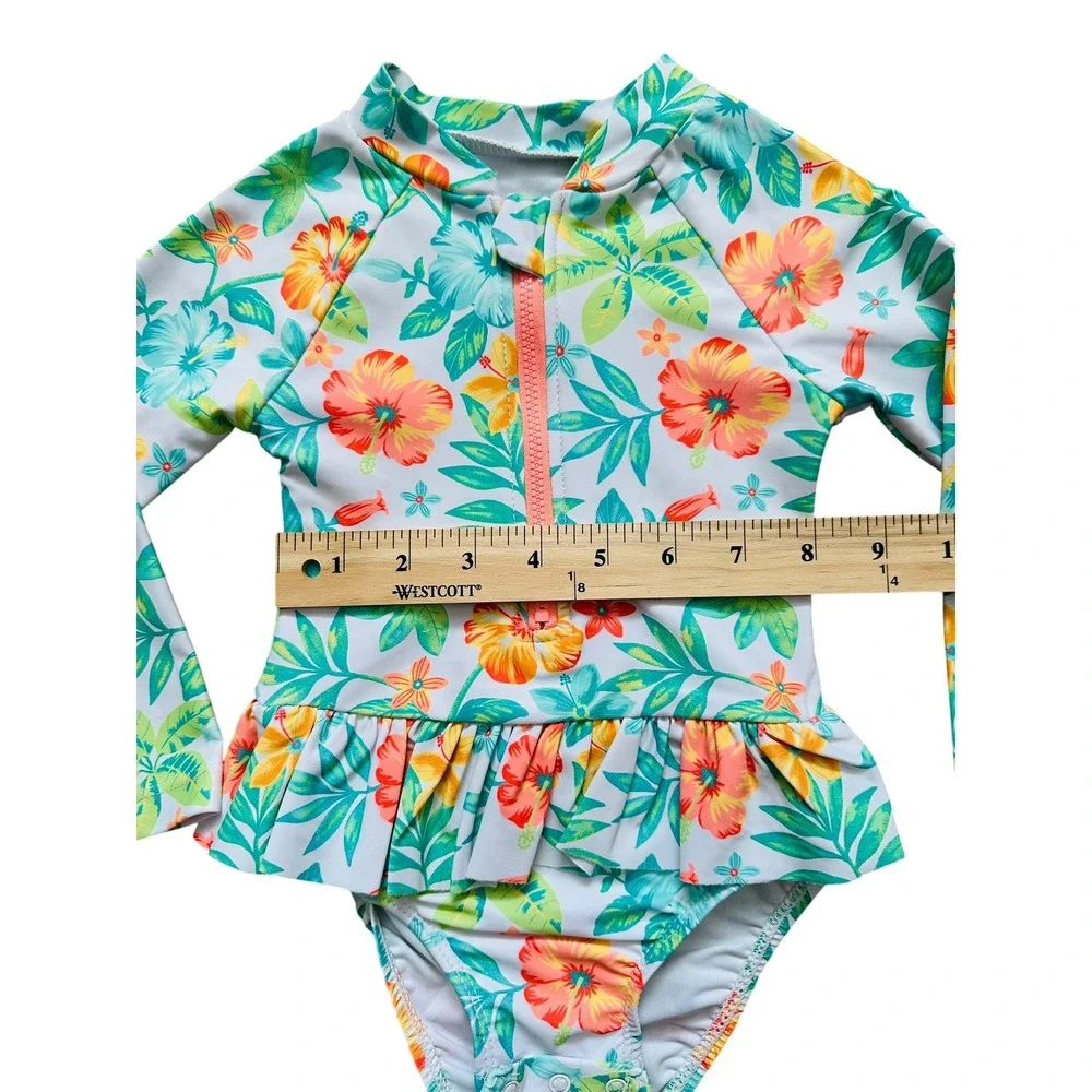Little Me Tropical Hibiscus Rash Guard One Piece Swimsuit Floral Peplum 24M